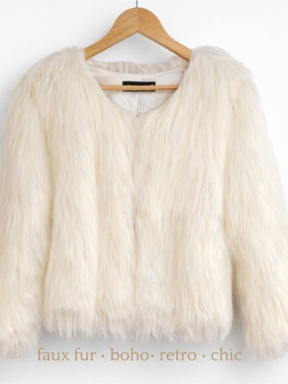 White Faux Fur Cropped Fluffy Jacket Boho Chic Soft Glam Retro Luxe Size S NWOT